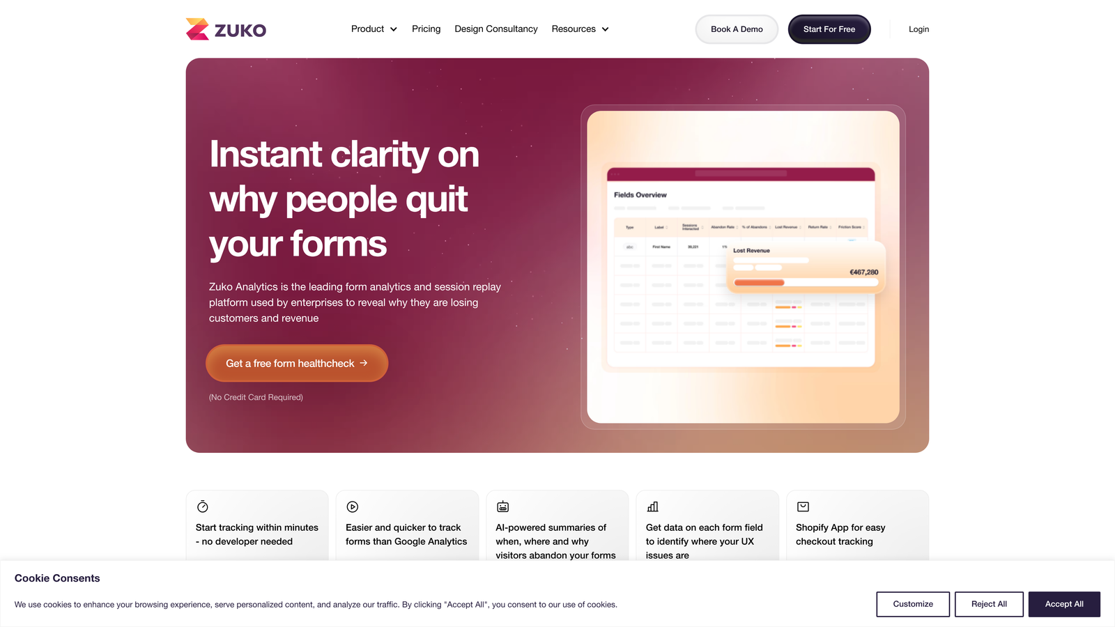 Screenshot of Zuko Analytics website
