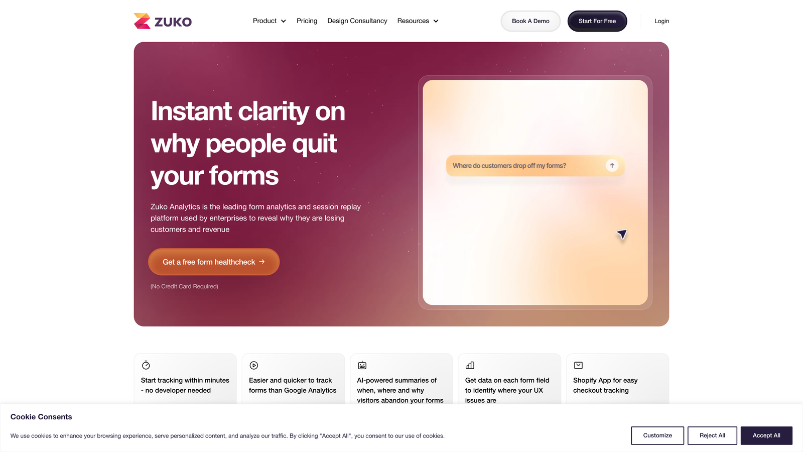 Screenshot of Zuko Analytics website