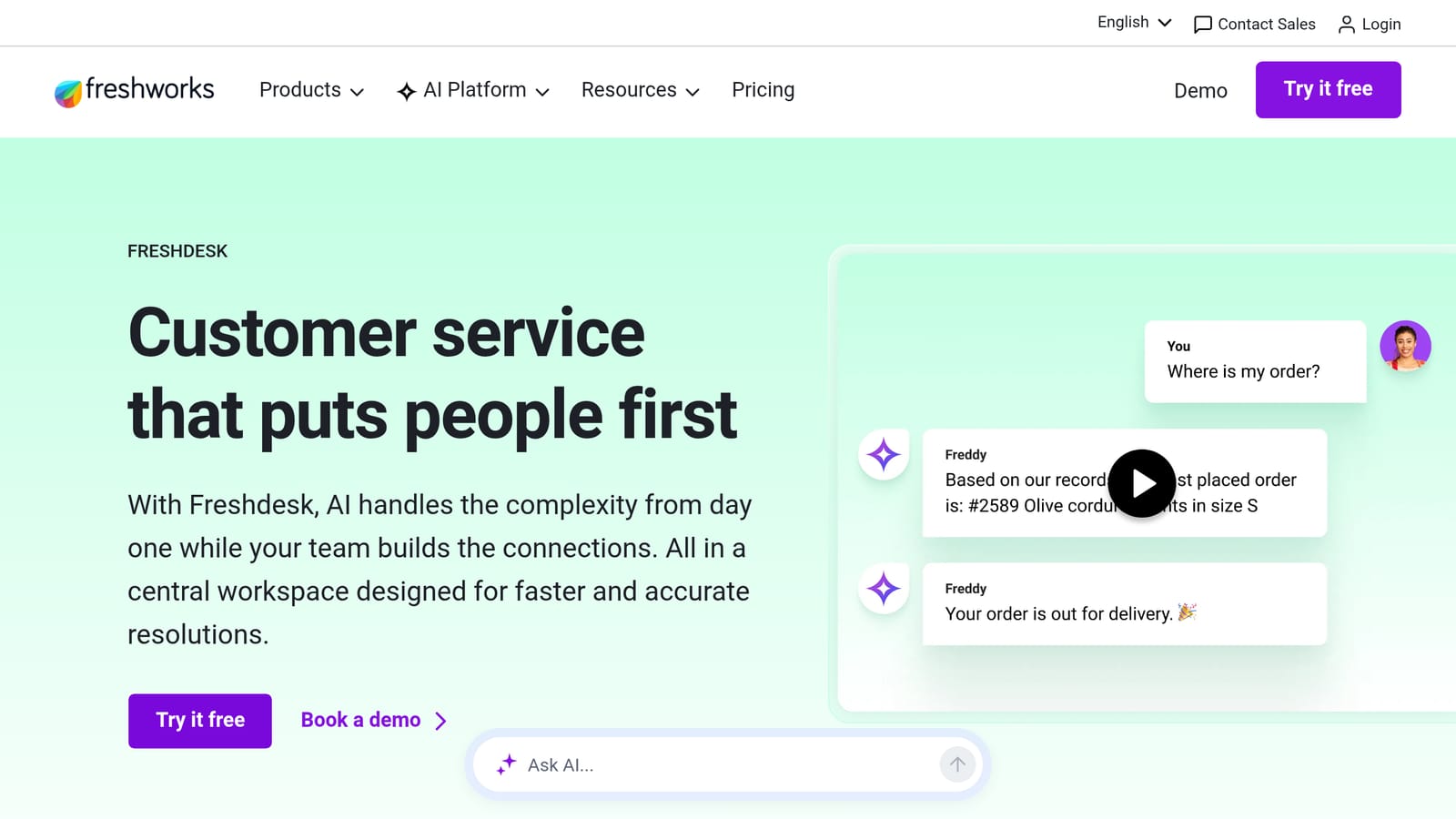 Screenshot of Freshworks website homepage