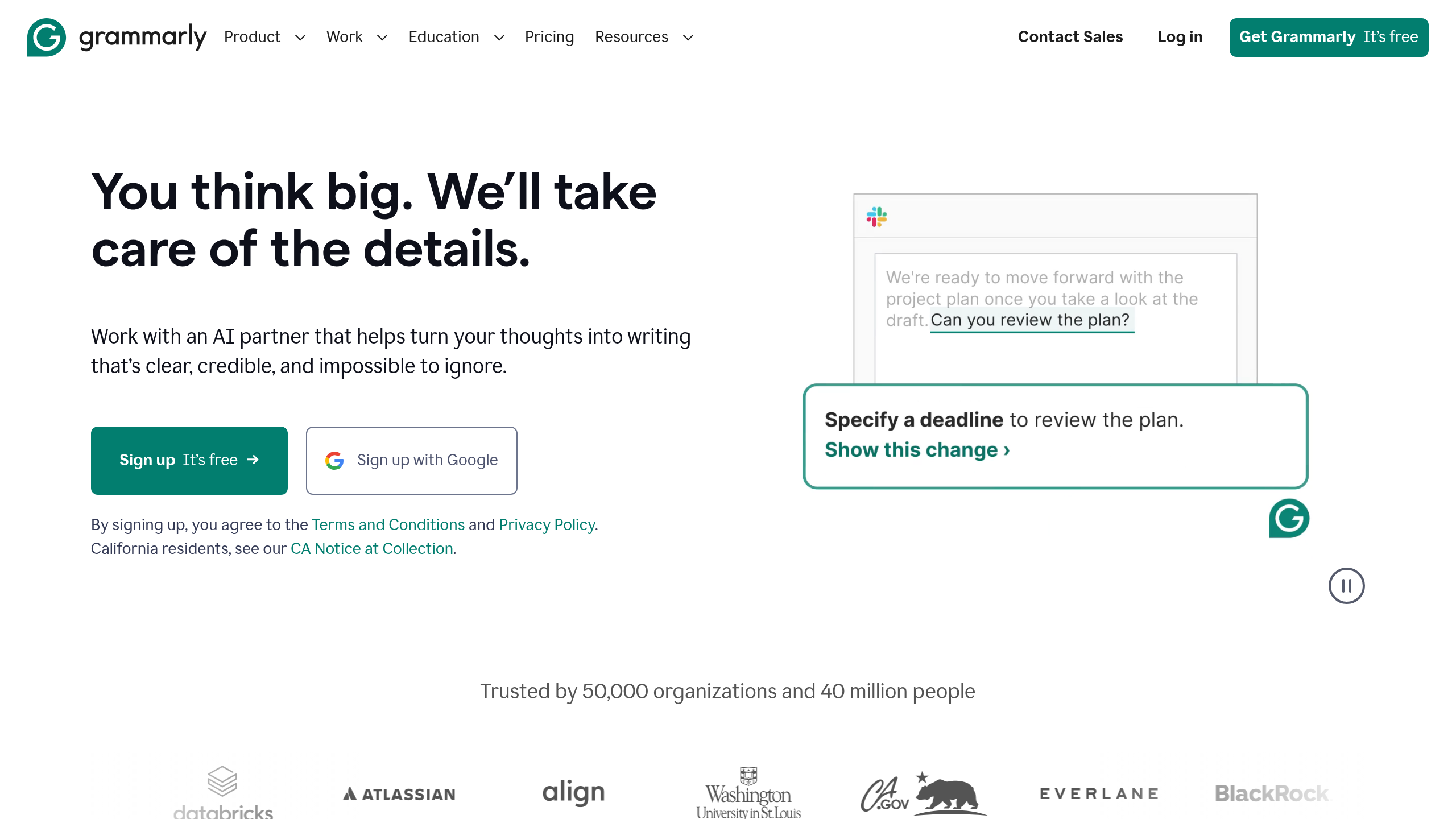 Screenshot of Grammarly website homepage